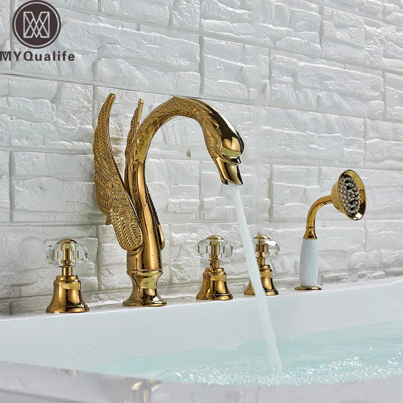 Afralia™ Swan Golden Bathtub Faucet Set with Pull Out Handshower