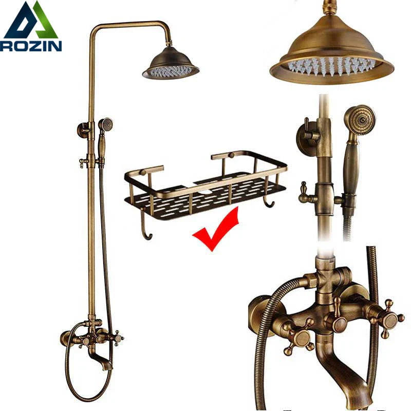 Afralia™ Brass Antique Dual Handle Shower Faucet Set with Handshower Shelf