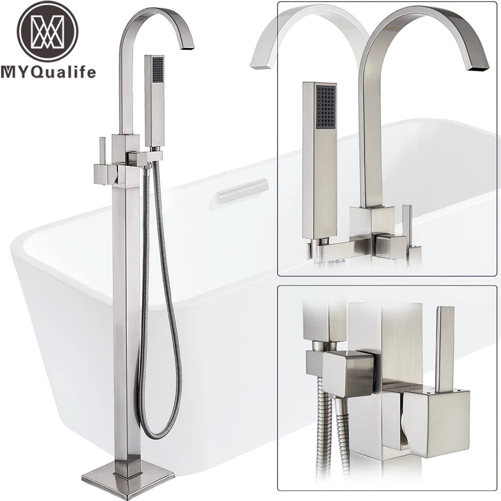 Afralia™ Freestanding Tub Faucet with Handshower: Brushed Nickel Floor Mounted Mixer Tap