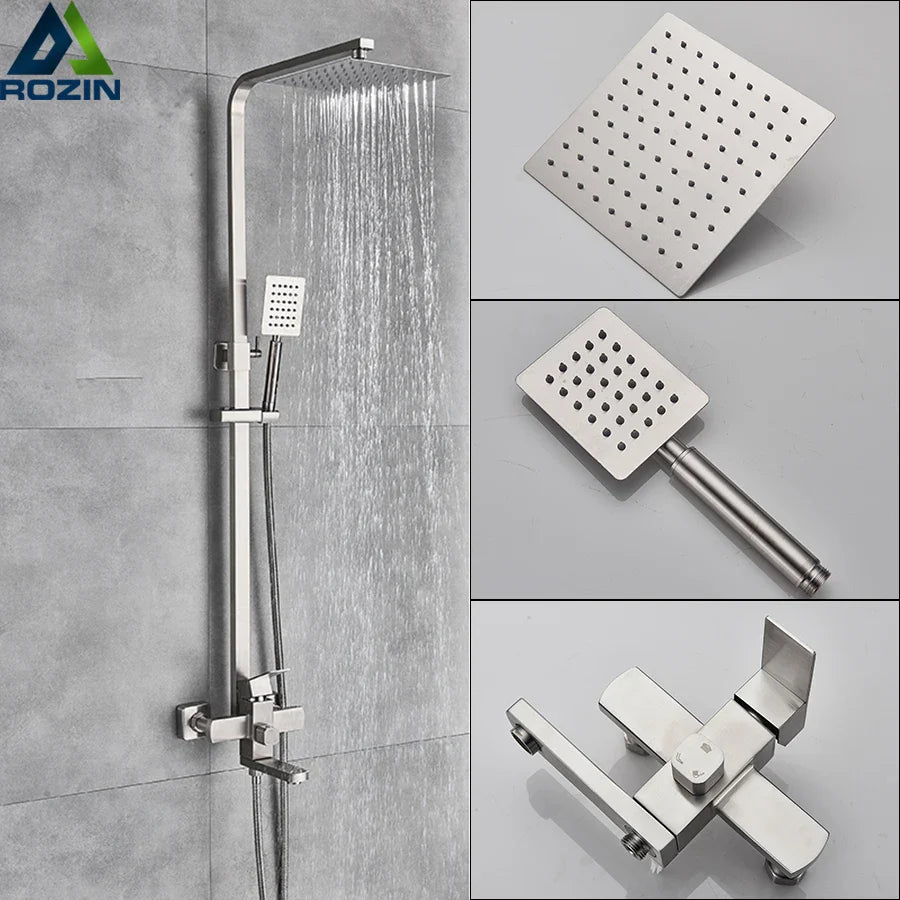 Afralia™ Brushed Nickel Rain Shower System with Square Hand Shower Mixer