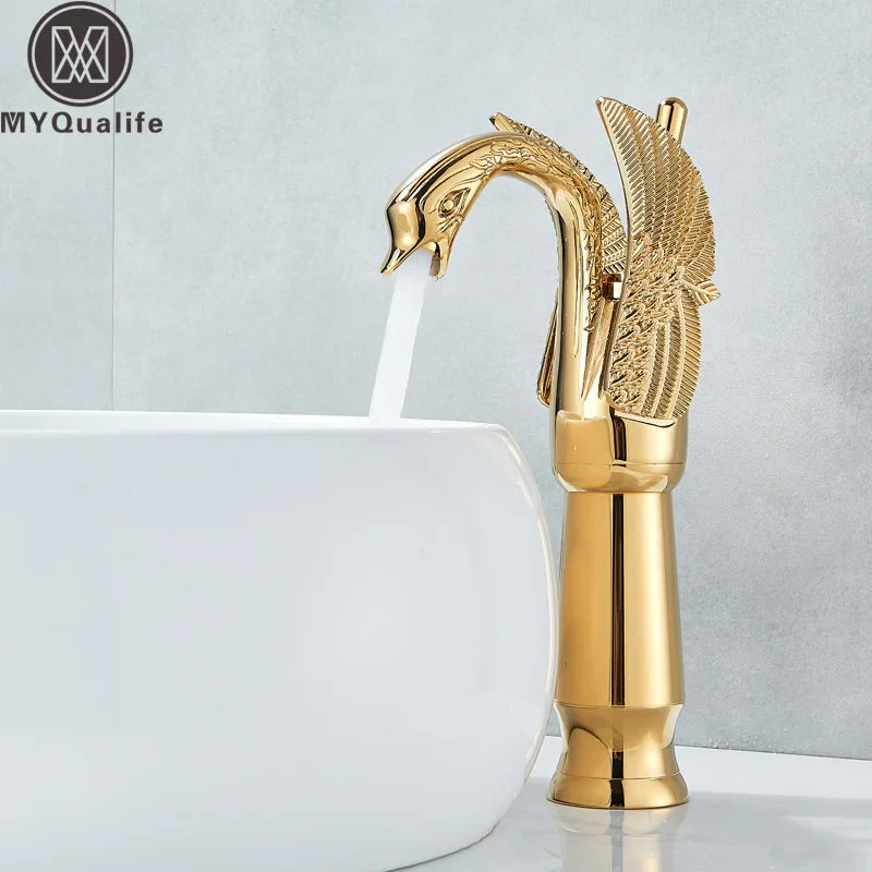 Afralia™ Golden Swan Bathroom Mixer Faucet - Deck Mount Basin Tap with One Handle