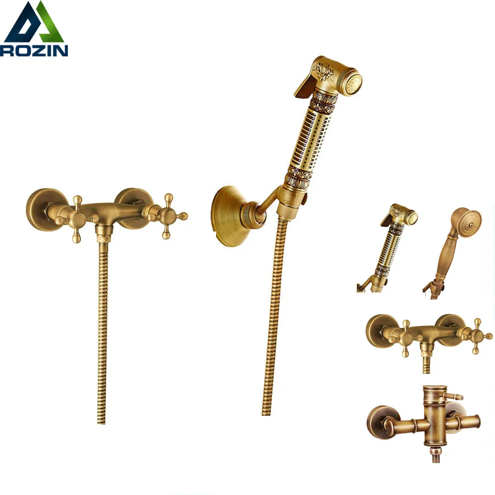 Afralia™ Brass Bidet Mixer Faucet Antique Bathroom Handheld Shower Set