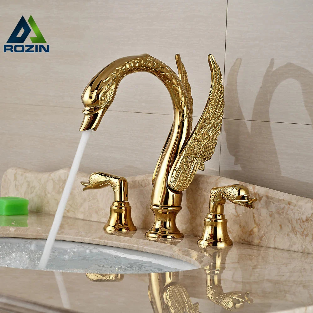 Afralia™ Golden Swan Dual Handle Bathroom Faucet, Luxury Gold Finish Basin Tap
