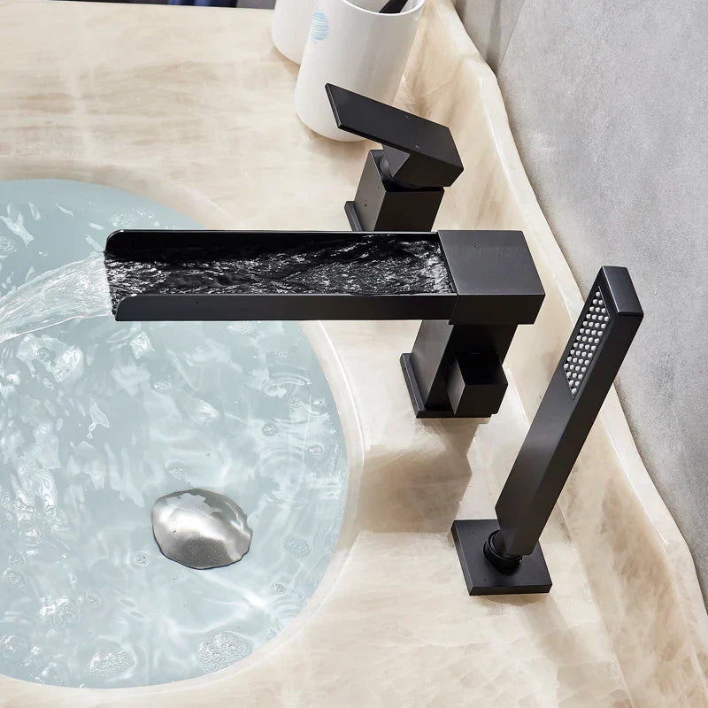 Afralia™ Matte Black Waterfall Bathtub Faucet with Pull Out Handshower