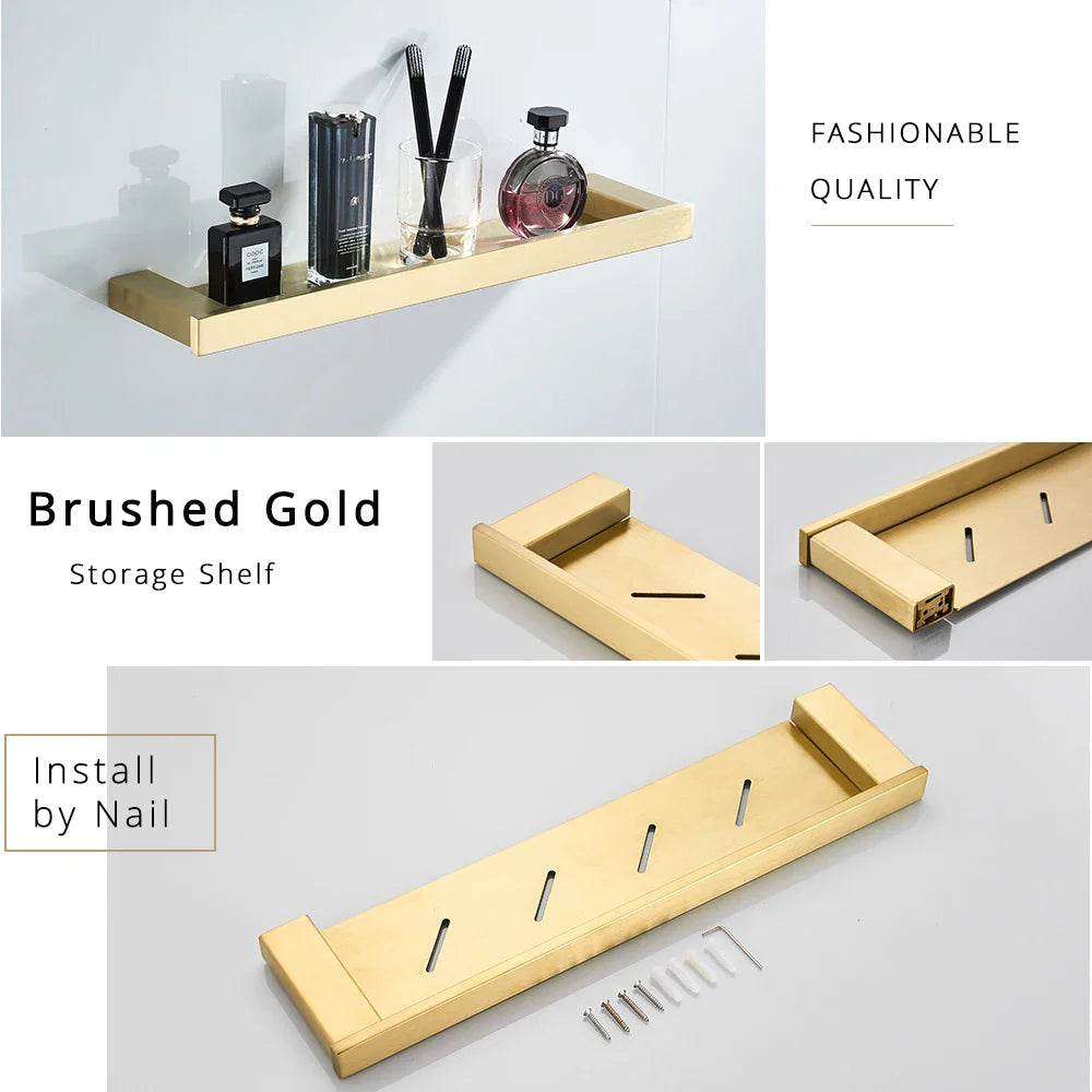 Afralia™ Brushed Gold Stainless Steel Bathroom Accessory Set: TP Holder, Towel Bar, Storage Shelf