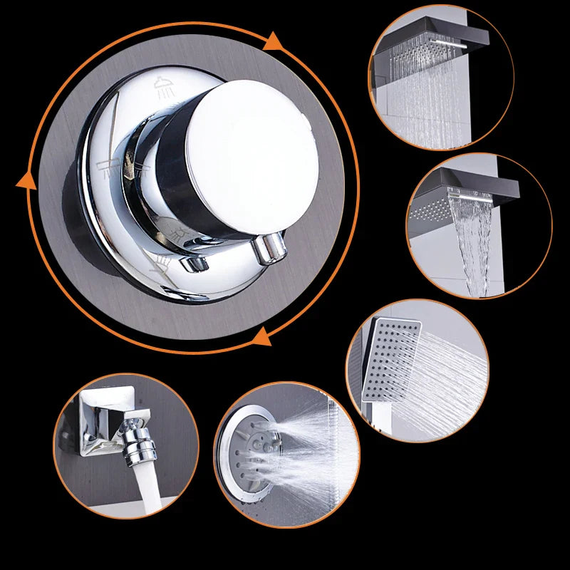 Afralia™ Rainfall Waterfall Shower Panel with Body Massage Jets for Wall Mount