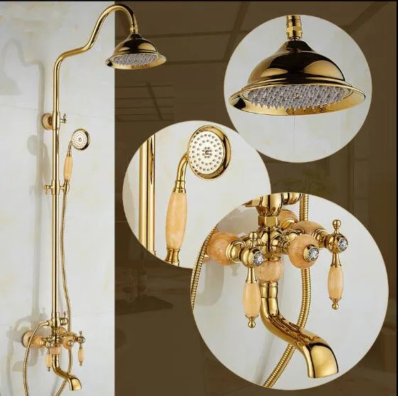 Afralia™ Golden Brass & Jade Bath Shower Set - Wall Mounted Rainfall & Hand shower