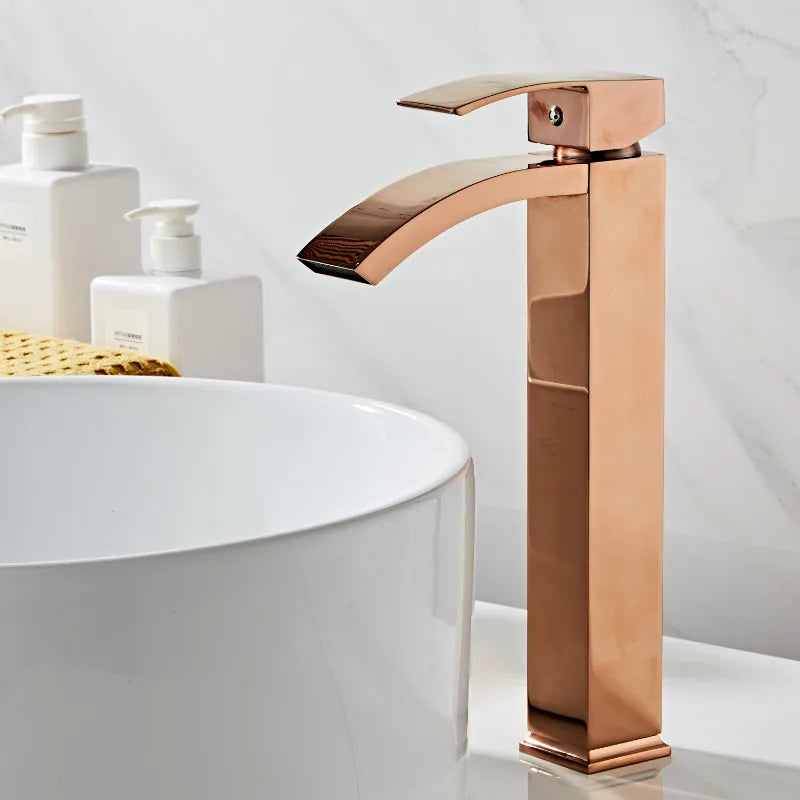 Afralia™ Rose Gold Basin Faucet Waterfall Single Handle Bathroom Sink Wash Tap