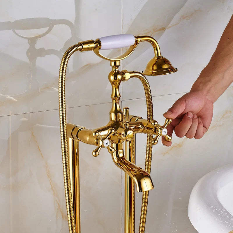 Afralia™ Gold Tub Sink Faucet with Handshower - Freestanding Bath Mixer Tap