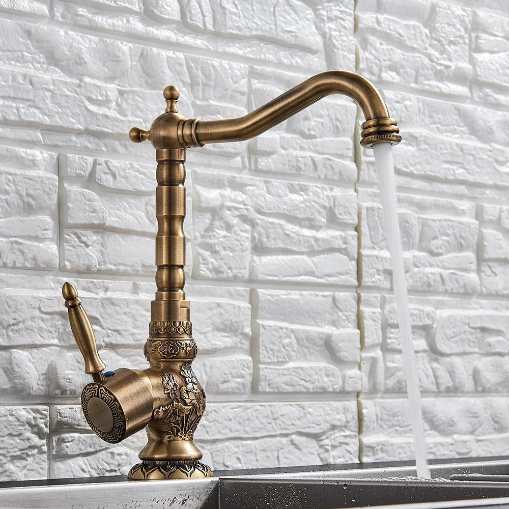 Afralia™ Retro Brass Antique Bronze Single Handle Kitchen Sink Faucet
