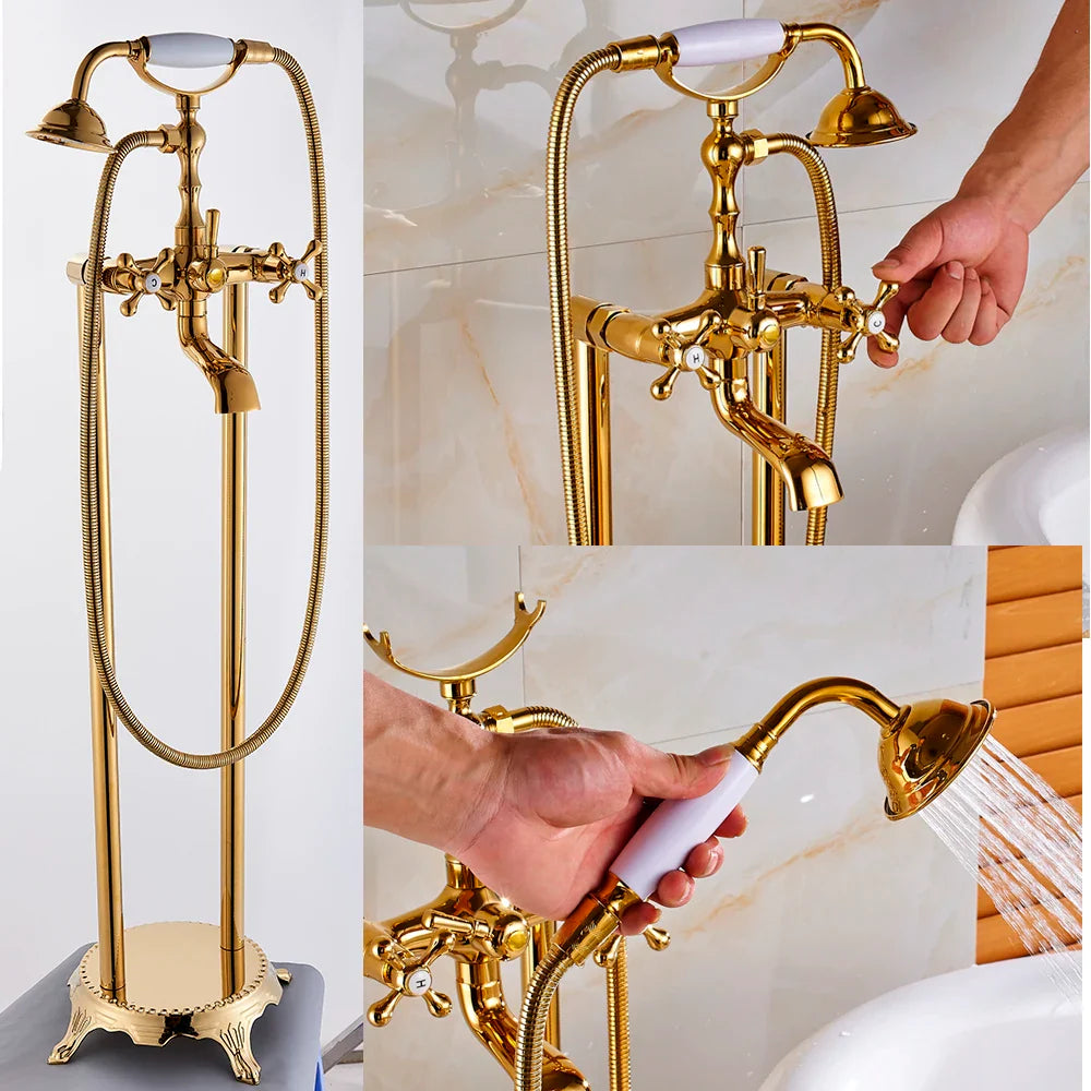 Afralia™ Gold Tub Sink Faucet with Handshower - Freestanding Bath Mixer Tap