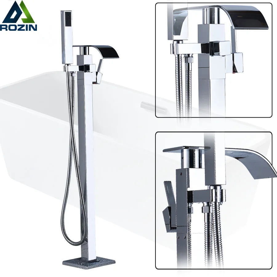 Afralia™ Chrome Finish Floor Mounted Bathtub Faucet Set with Hand Shower and Waterfall Spout