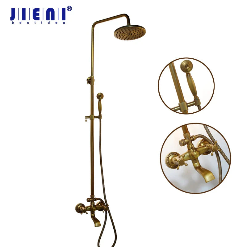 Afralia™ Antique Brass Bathroom Shower Set with Hand Shower, Mixer Taps, Double Handles