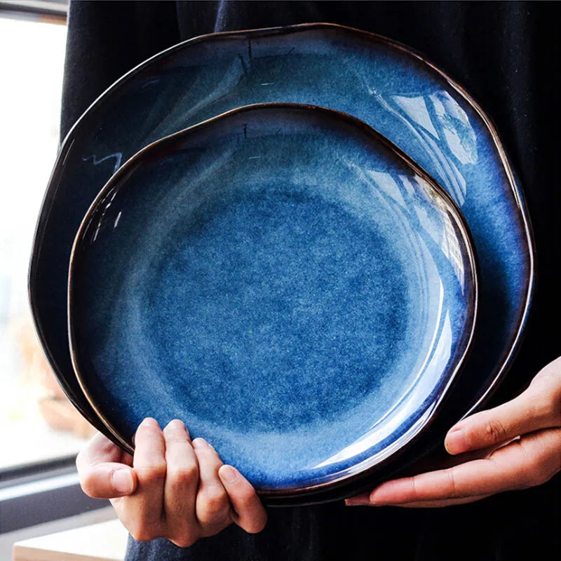 Afralia™ Deep Blue Ceramic Dessert Plate - Round Solid Dish