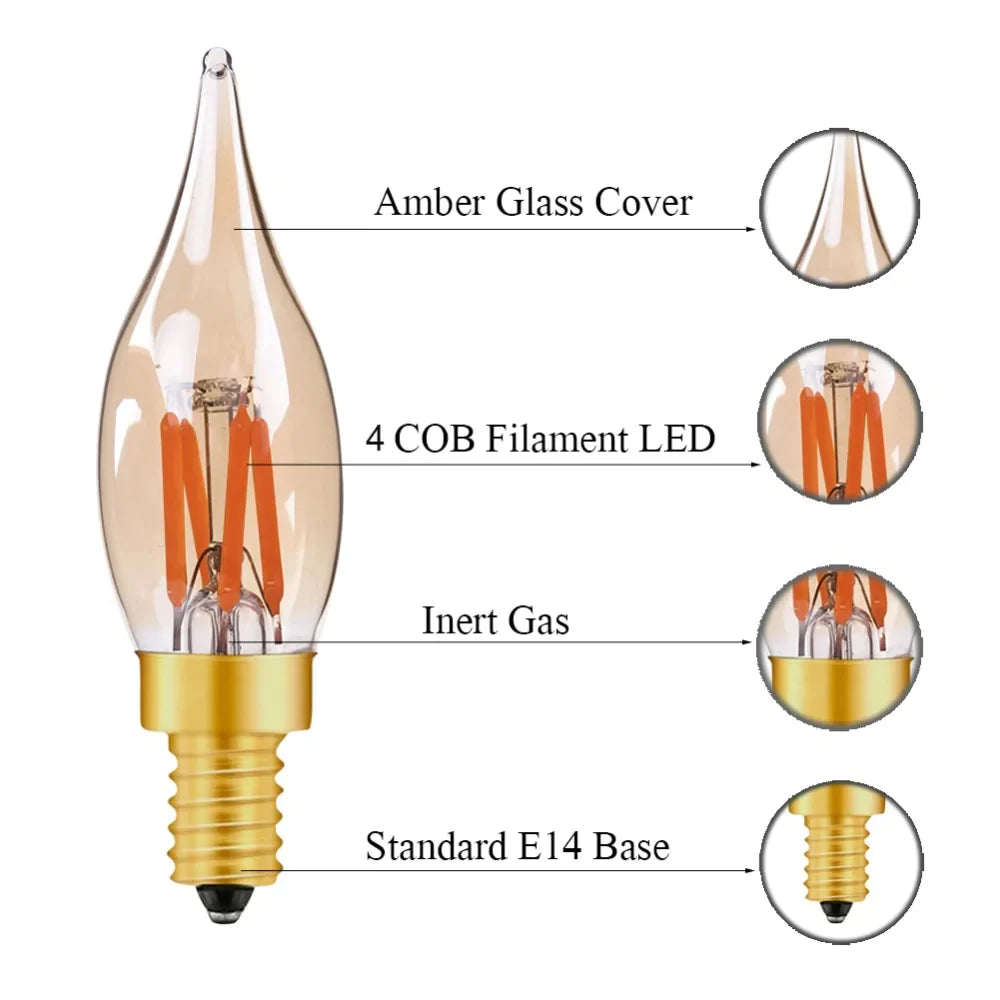 Afralia™ LED Filament Bulb C22T Gold Tint Candle Lamp E12 2W 2200K Chandelier Decoration