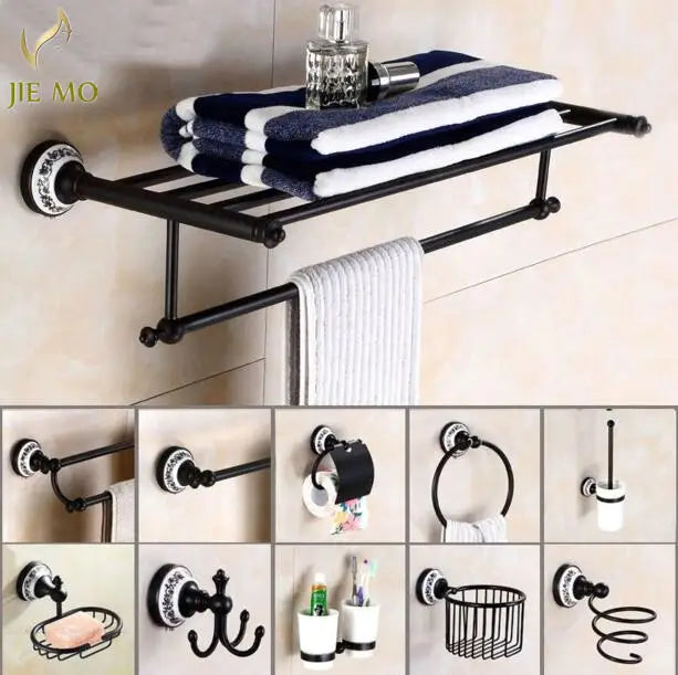 Afralia™ Black Porcelain Brass Bathroom Accessories Set
