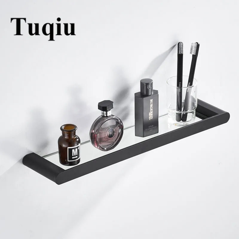 Afralia™ Matt Black Bathroom Accessories Set: Towel Rack, Corner Shelf, Paper Holder, Toilet Brush Holder.