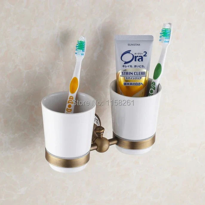 Afralia™ Brass Toothbrush Holder with 2 Cups Bathroom Accessories Wall Mounted Holder