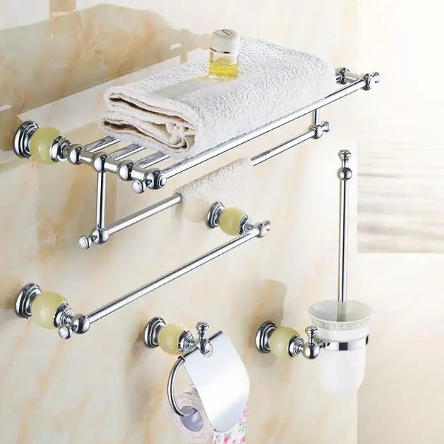 Afralia™ Brass & Jade Bathroom Set: Holder, Bar, Basket, Rack, Ring - Hardware Collection