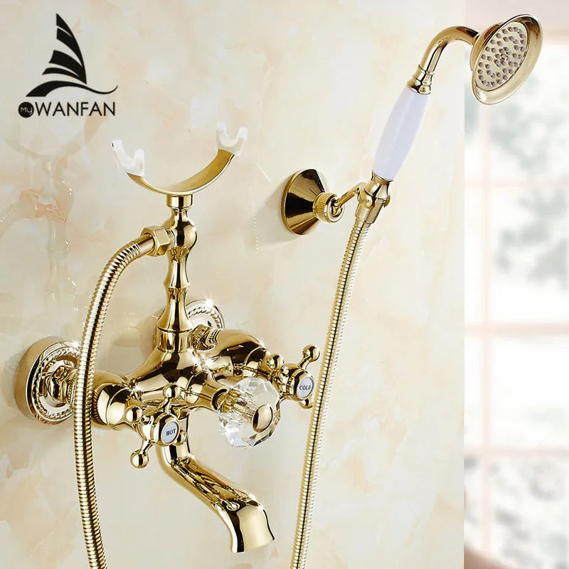 Afralia™ Gold Brass Wall Mounted Bathtub Faucet with Hand Held Shower Kit