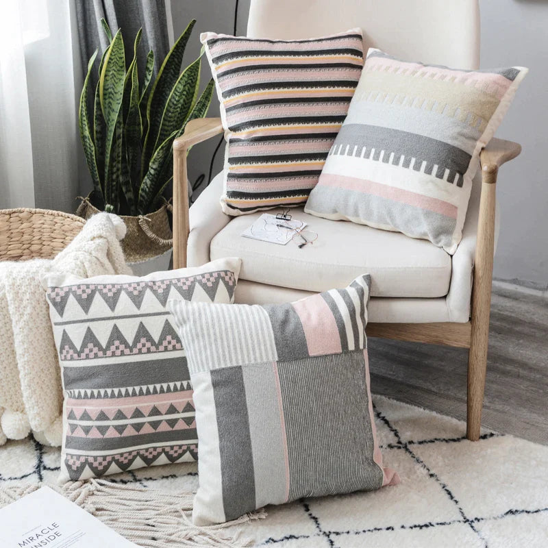 Geometric Pink Grey Embroidered Cushion Cover 45x45cm Afralia™ Home Decor