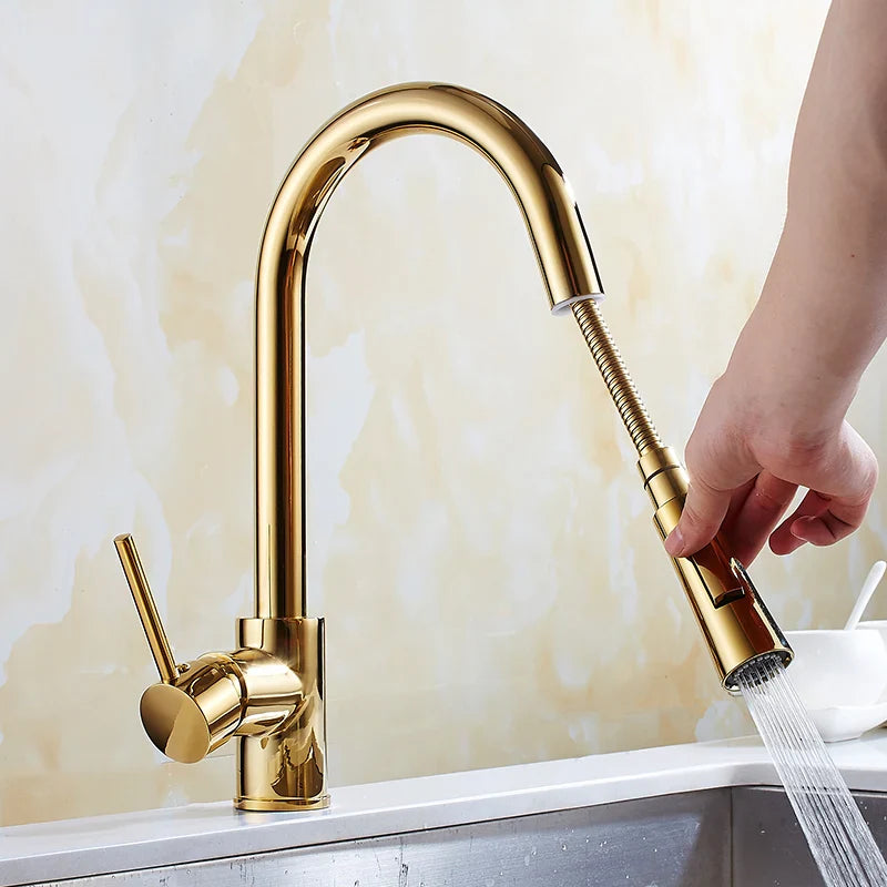 Afralia™ Pull Out Kitchen Faucet Silver/Gold Single Handle Sink Mixer Tap