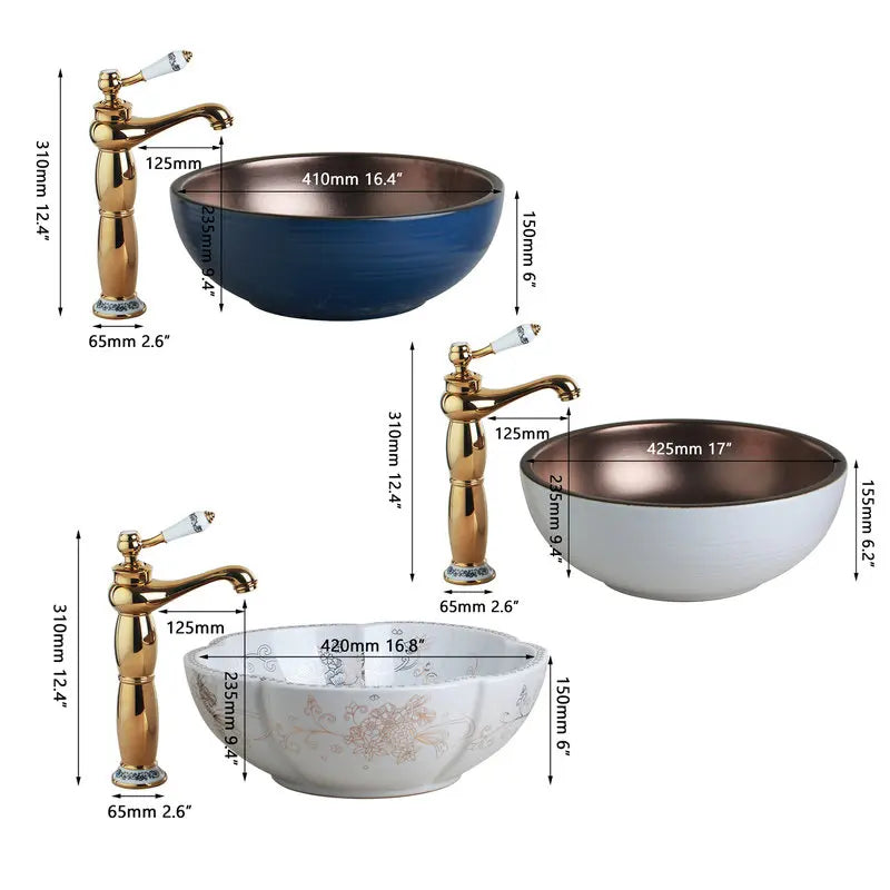 Afralia™ Hand Painted Ceramic Vessel Sink Set with Golden Teapot Spout Faucet