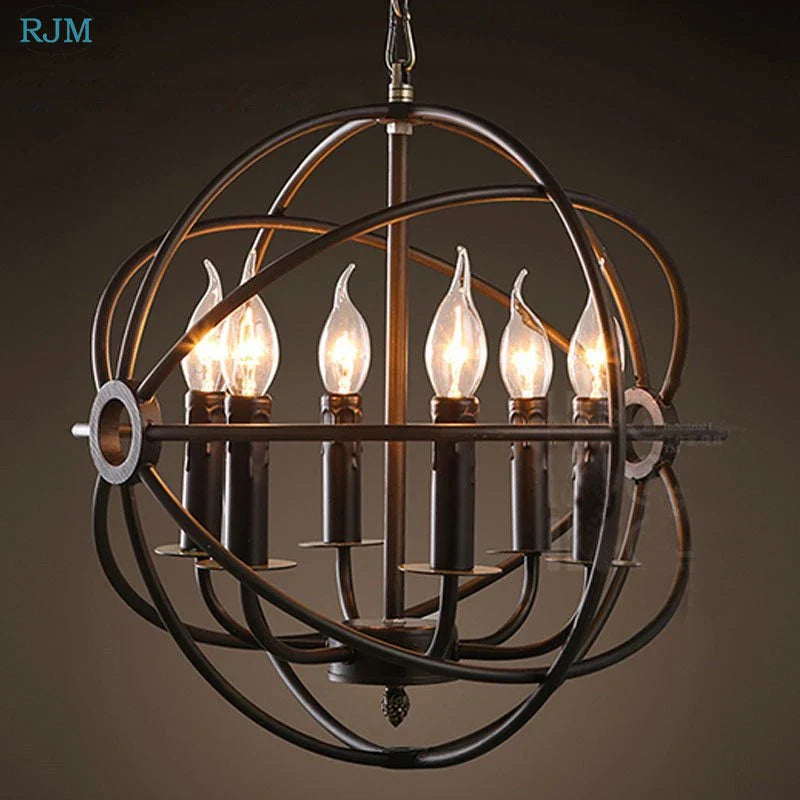 Afralia™ Industrial Loft Iron Cage Candle Chandelier - Vintage Round Hang Lamps for Lighting Decor