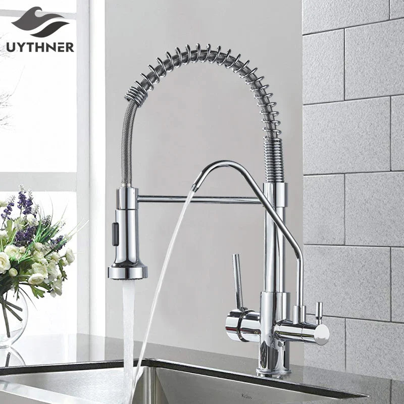 Afralia™ Chrome Kitchen Waterfilter Faucets with Dual Handle and 360 Degree Rotation