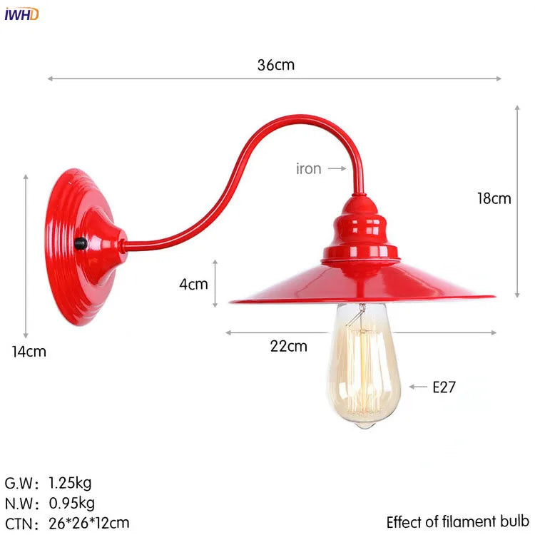 Afralia™ Red Metal Vintage LED Wall Light Retro Sconce for Bedroom Living Room