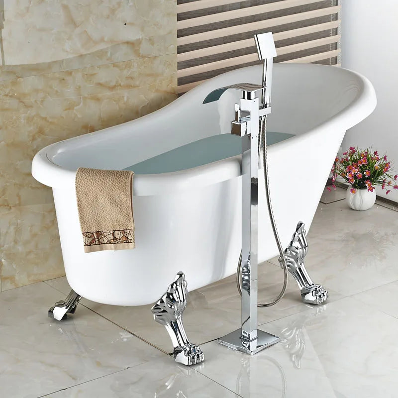 Afralia™ Chrome Finish Floor Mounted Bathtub Faucet Set with Hand Shower and Waterfall Spout