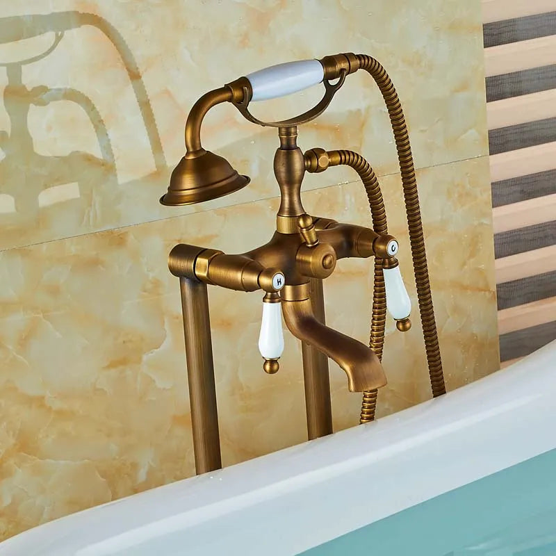 Afralia™ Dual Ceramic Handle Freestanding Tub Faucet with Handshower