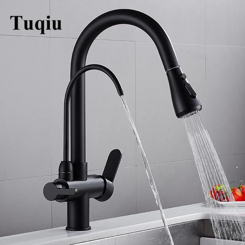 Afralia™ Black Solid Brass 3 Way Kitchen Faucet Deck Mounted Water Filter Tap