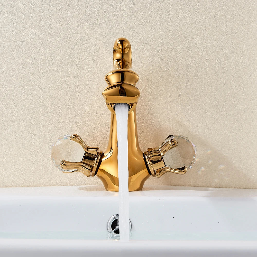 Afralia™ Chinese Dragon Crystal Handle Basin Faucet Dual Hot Cold Deck Mounted Sink