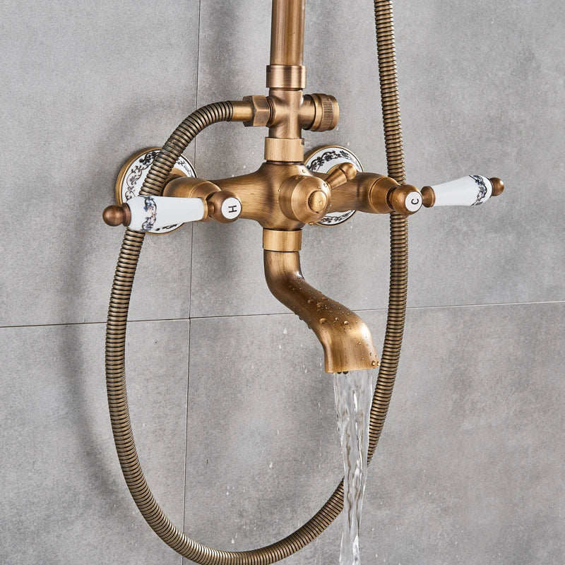 Afralia™ Brass Antique Shower Faucet Set with Porcelain Ceramic Swivel Bath Spout