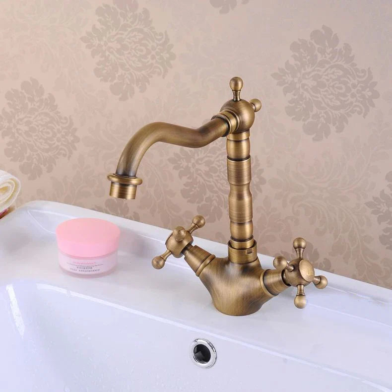 Afralia™ Antique Brass Double Cross Handle Basin Faucet - 360 Degree Swivel Spout