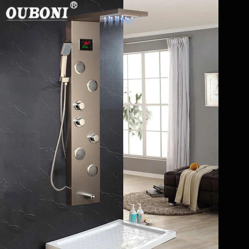 Afralia™ Brushed Nickel Shower Panel with LED Display, Rainfall Head, Jets
