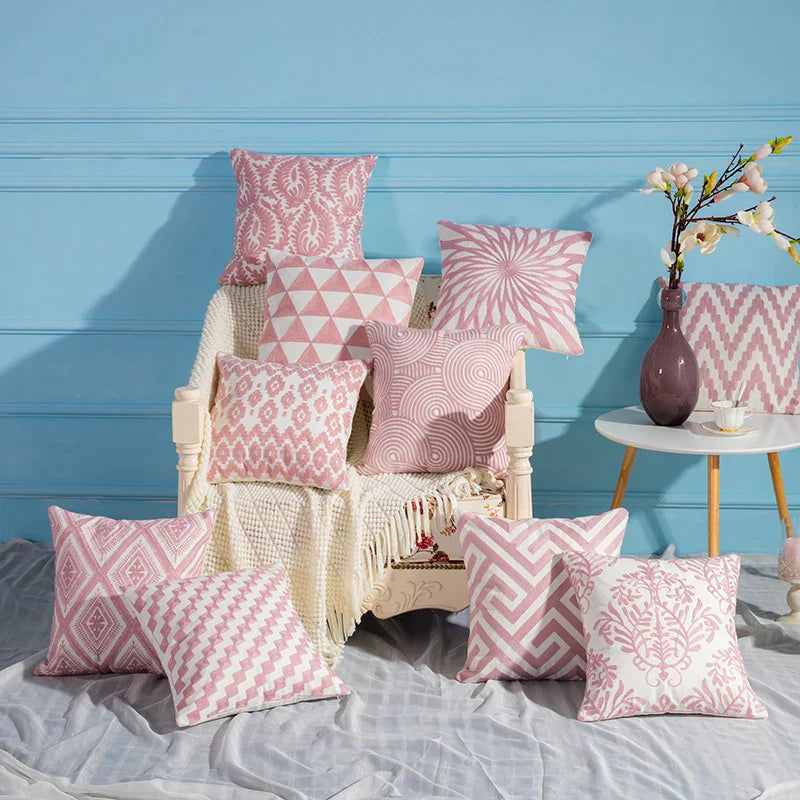 Afralia™ Pink Geometric Embroidered Cushion Cover 45x45cm Cotton Canvas Pillow Case