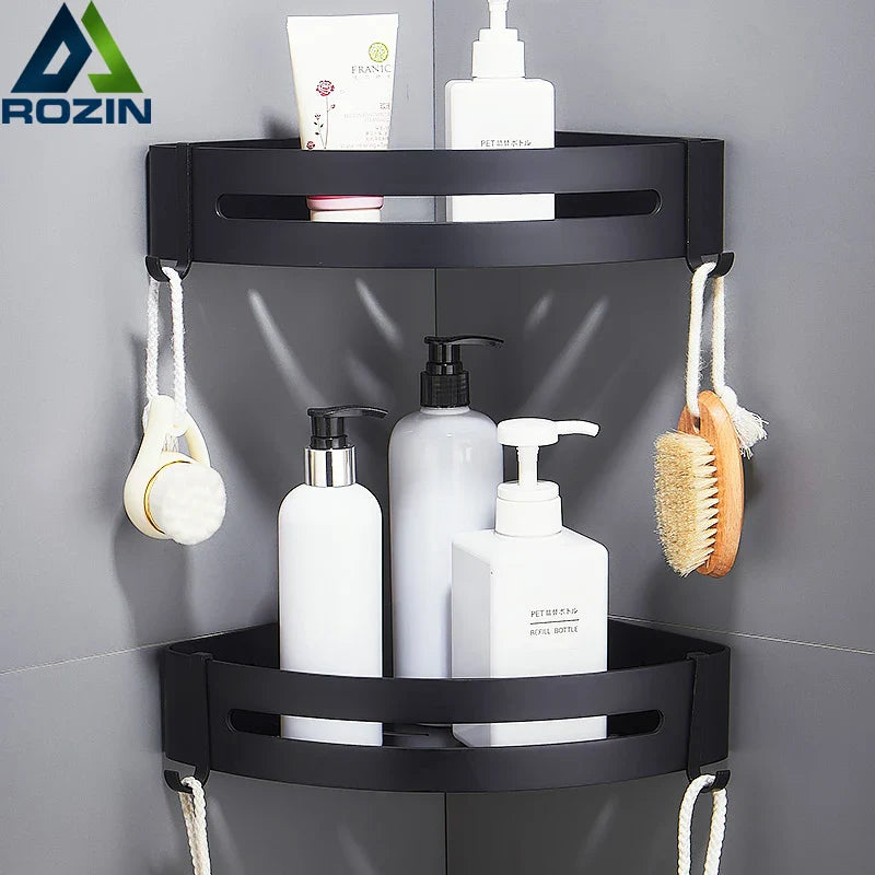 Afralia™ Aluminum Black Corner Basket Cosmetic Rack for Bathroom and Kitchen Storage