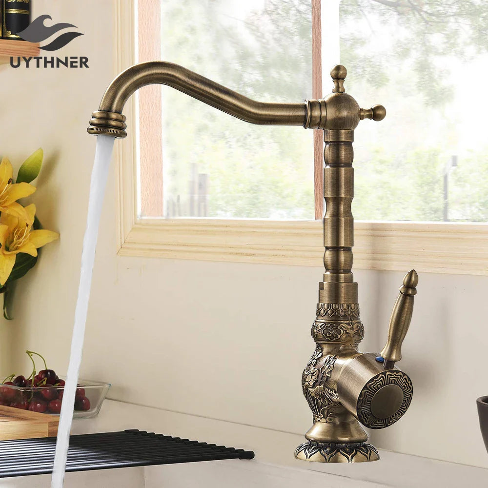 Afralia™ Retro Brass Antique Bronze Single Handle Kitchen Sink Faucet