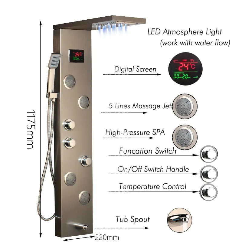 Afralia™ Brushed Nickel Shower Panel with LED Display, Rainfall Head, Jets