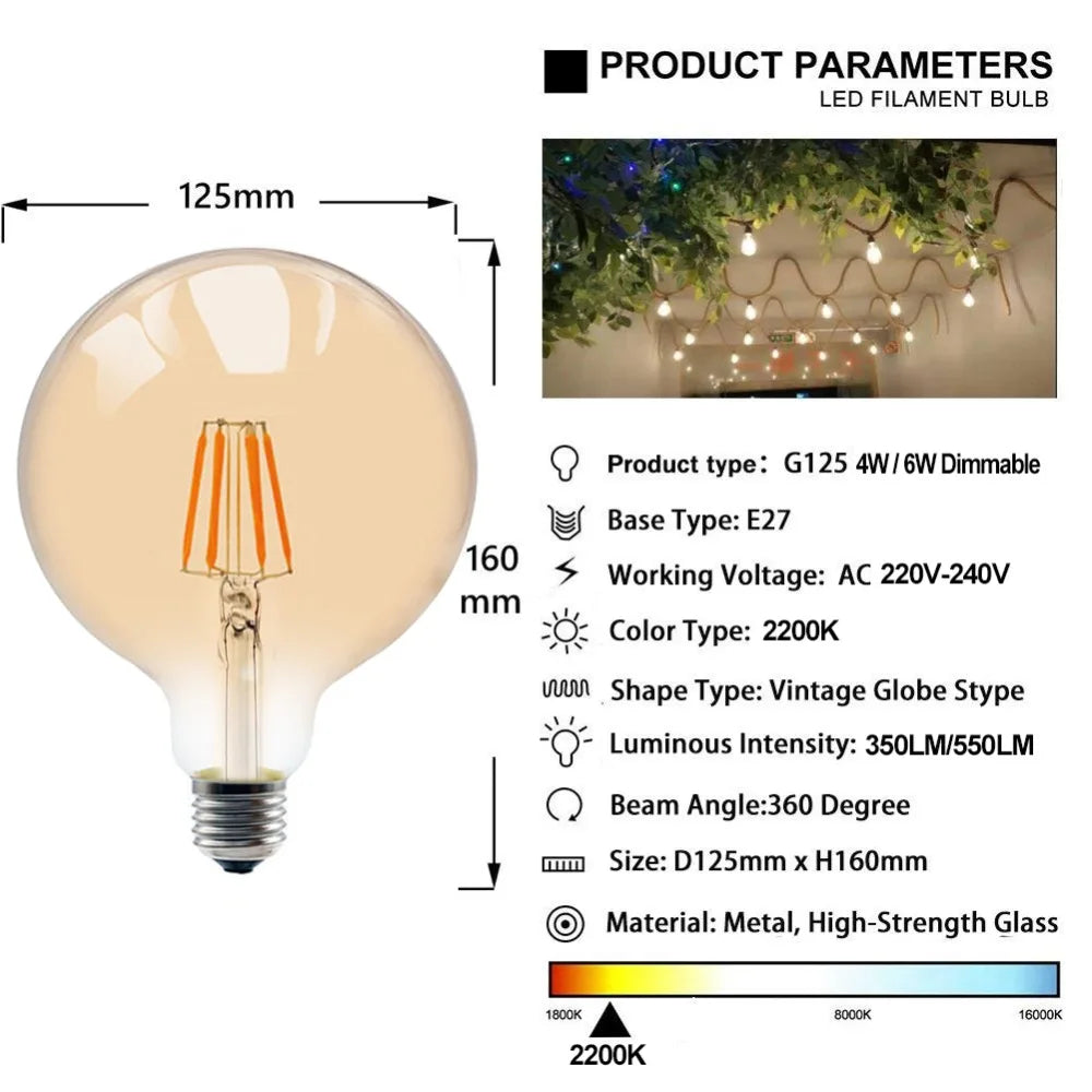 Afralia™ G125 LED Filament Bulb 4W E27 Warm 2200K Dimmable Globe, Equivalent to 40/60W