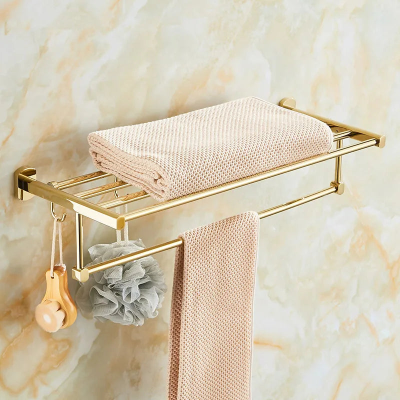 Afralia™ Gold Brass Bath Hardware Set: Towel Rack, Paper Holder, Toilet Brush Holder, Towel Ranger, Hooks