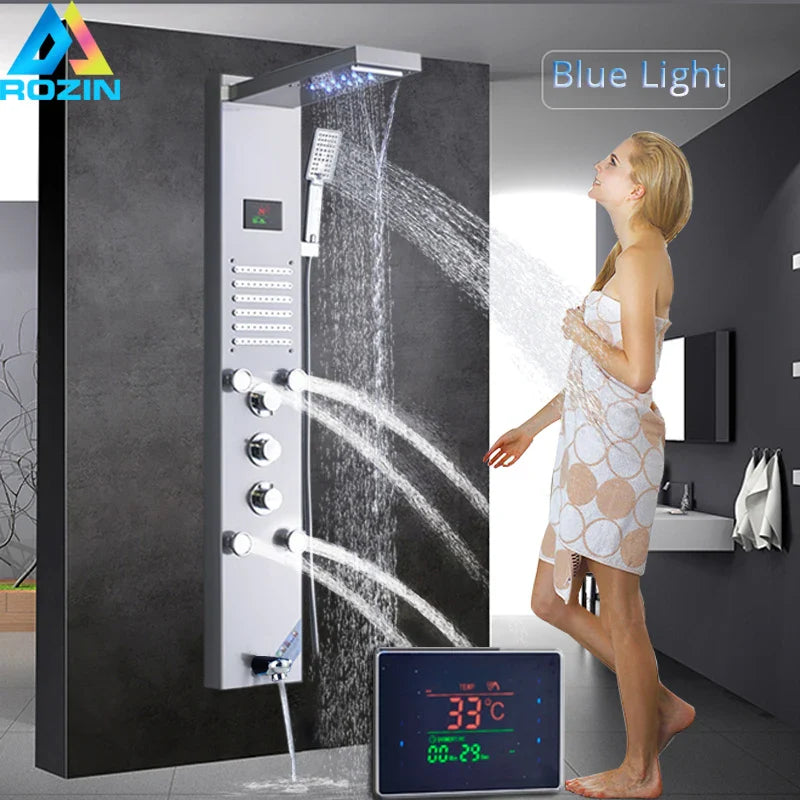 Afralia™ LED Light Shower Panel Faucet with Waterfall Rain Shower Head and Massage Jets