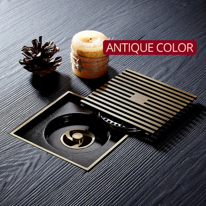 Afralia™ Antique Brass Square Bath Drain Strainer Hair Art Carved Floor Grate Drain