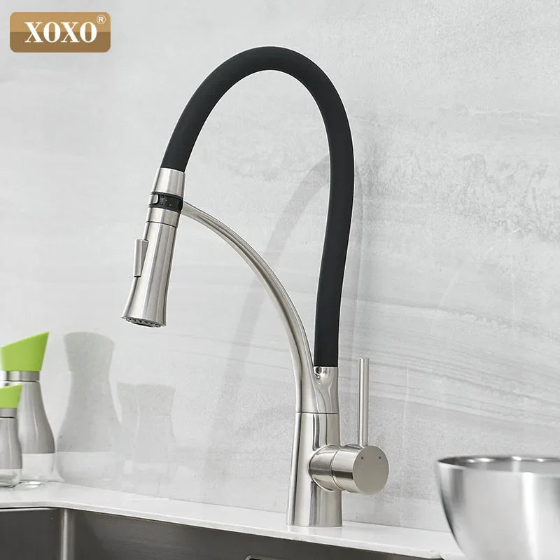 Afralia™ XOXO LED Kitchen Faucet Hot Cold Pull Down Chrome Black Mixer Tap Smart Single Handle