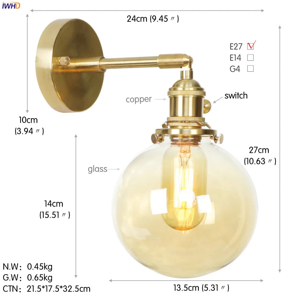 Afralia™ Glass Ball Copper Wall Lamp - Nordic Retro LED Wall Light Sconce