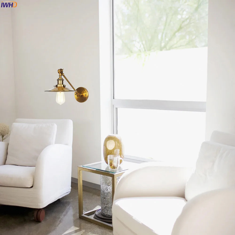 Afralia™ Gold Long Arm LED Wall Light Bedroom Stair Loft Industrial Vintage Wall Lamp