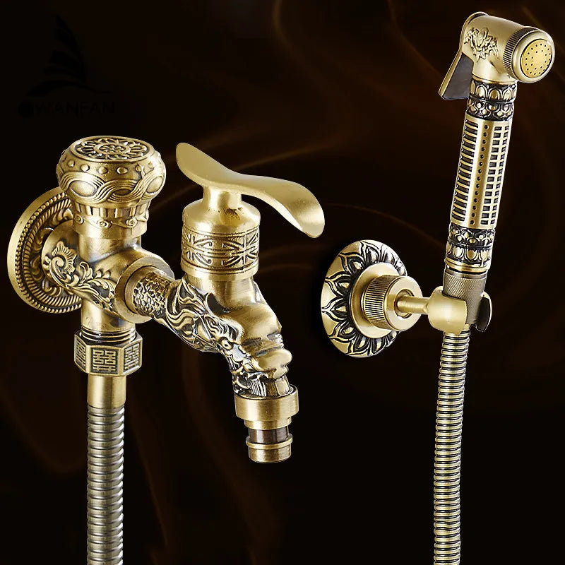 Afralia™ Antique Brass Wall Mounted Bidet Faucet Hygienic Shower Sprayer Tap