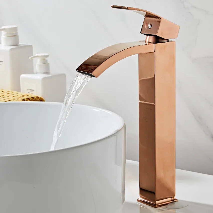 Afralia™ Rose Gold Basin Faucet Waterfall Single Handle Bathroom Sink Wash Tap
